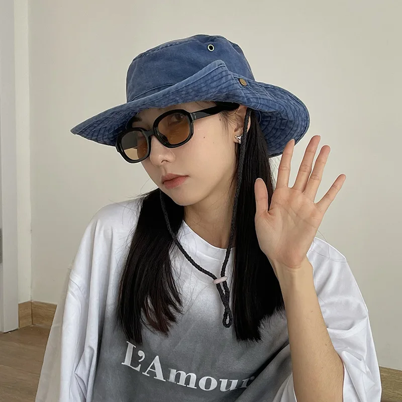 Simple Bucket Hat Women Summer Breathable Retro Washed Denim  Bucket Hat Panama Jungle Fishing Hats Novelty Men Beach Cap