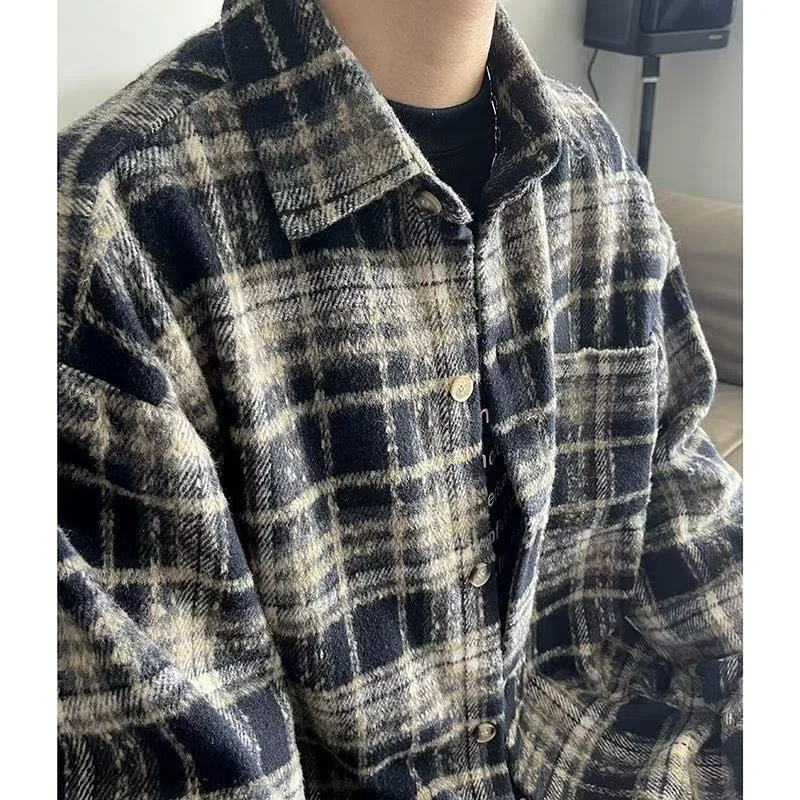 American Style Heavy Duty Black Plaid Shirt Unisex Vintage Long Sleeve Shirt Fashion Casual Versatile Couple Outerwear