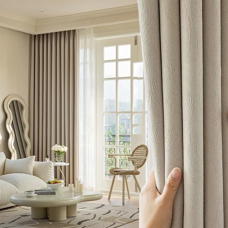 

Modern Simple Curtain Elegant New French Cream Style Milk Tea Color Chenille Curtains Living Room Shading for Bedroonm Window