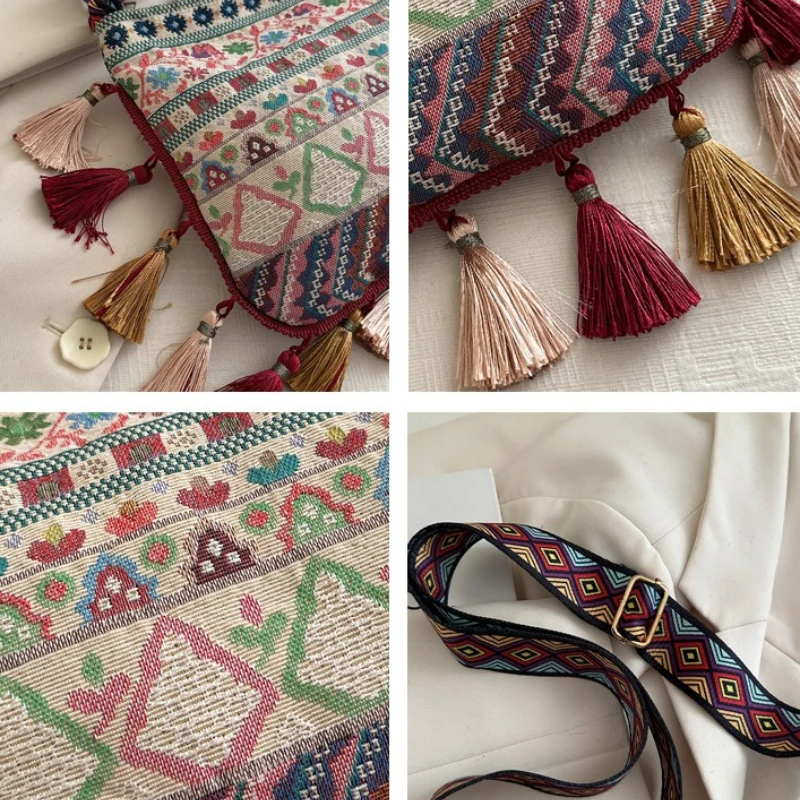 Bohemian Ethnic Pattern Tassel Crossbody Bag for Women,Wide Printed Shoulder Strap, Vintage Folk Style Shoulder Purse for Travel view 5