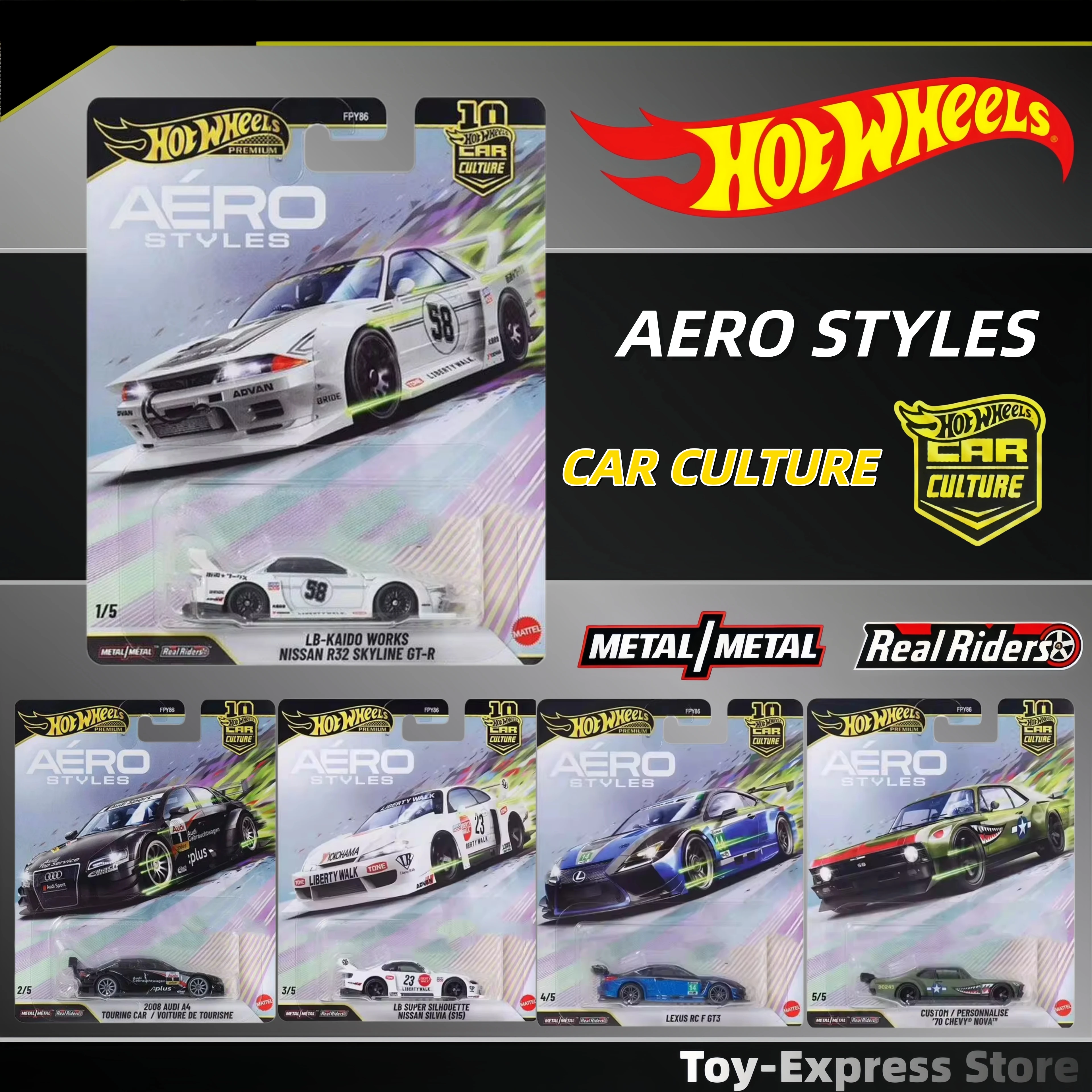 

Hot Wheels Premium Aero Styles New Car Culture Nissan Skyline Audi Lexus 1:64 Diecast Car Models FPY86 Collectibles Vehicle Toy