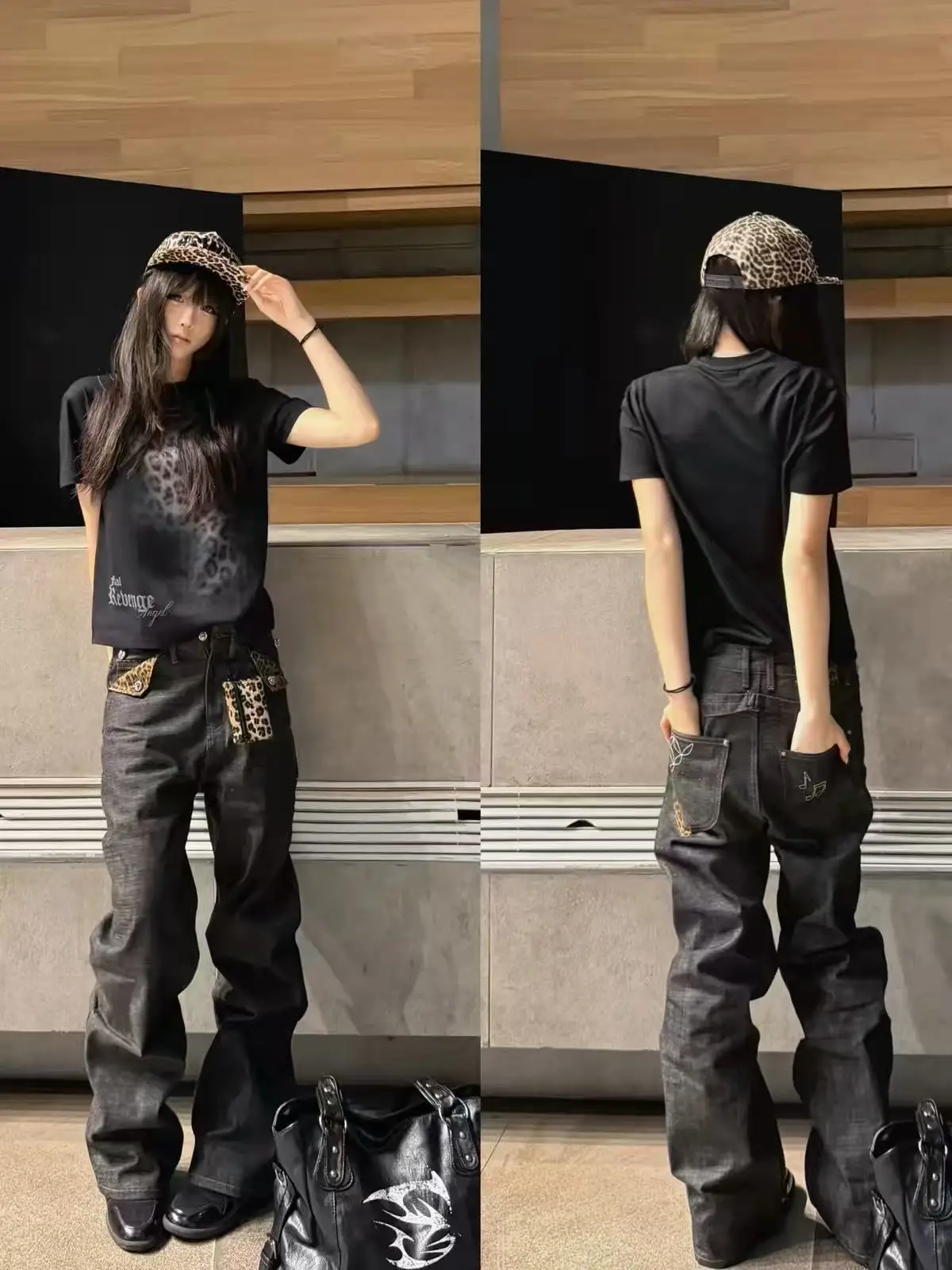 Men's Leopard Print Patchwork Design Street Pants Young Boy Casual Sweatpants Wide Leg Bottom Male High Waist Straight Trousers
