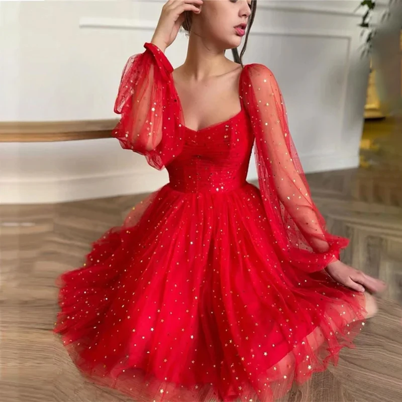 

Sparkly Homecoming Dresses Prom Dress Long Sleeve Tulle A Line Wedding Evening Party Gowns Vestidoas de Graduacion