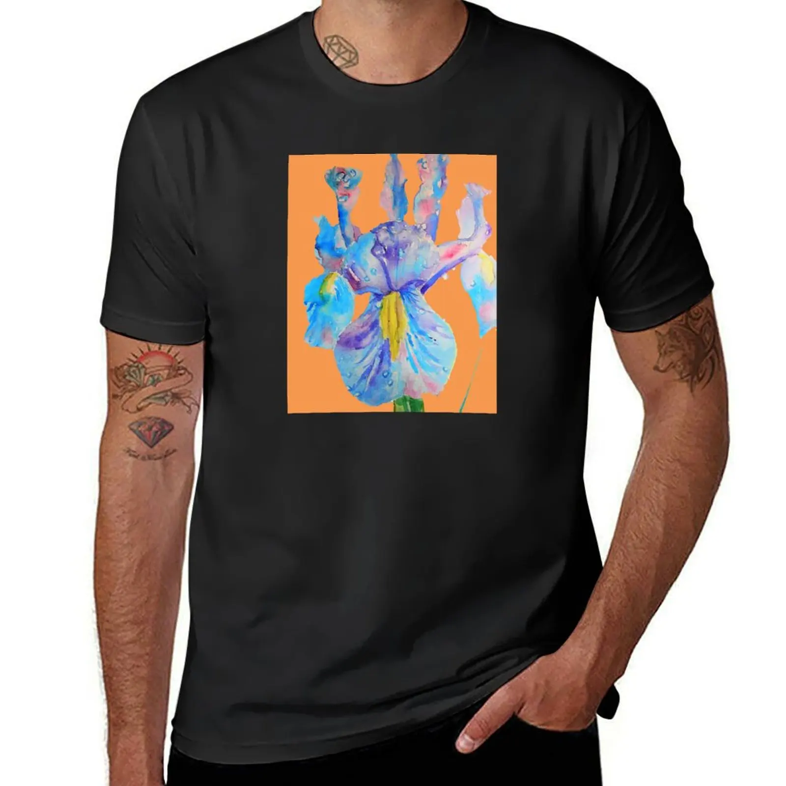 Iris Watercolor Painting - Blue with Raindrops - on Orange T-shirt quick-drying vintage clothes mens graphic t-shirts