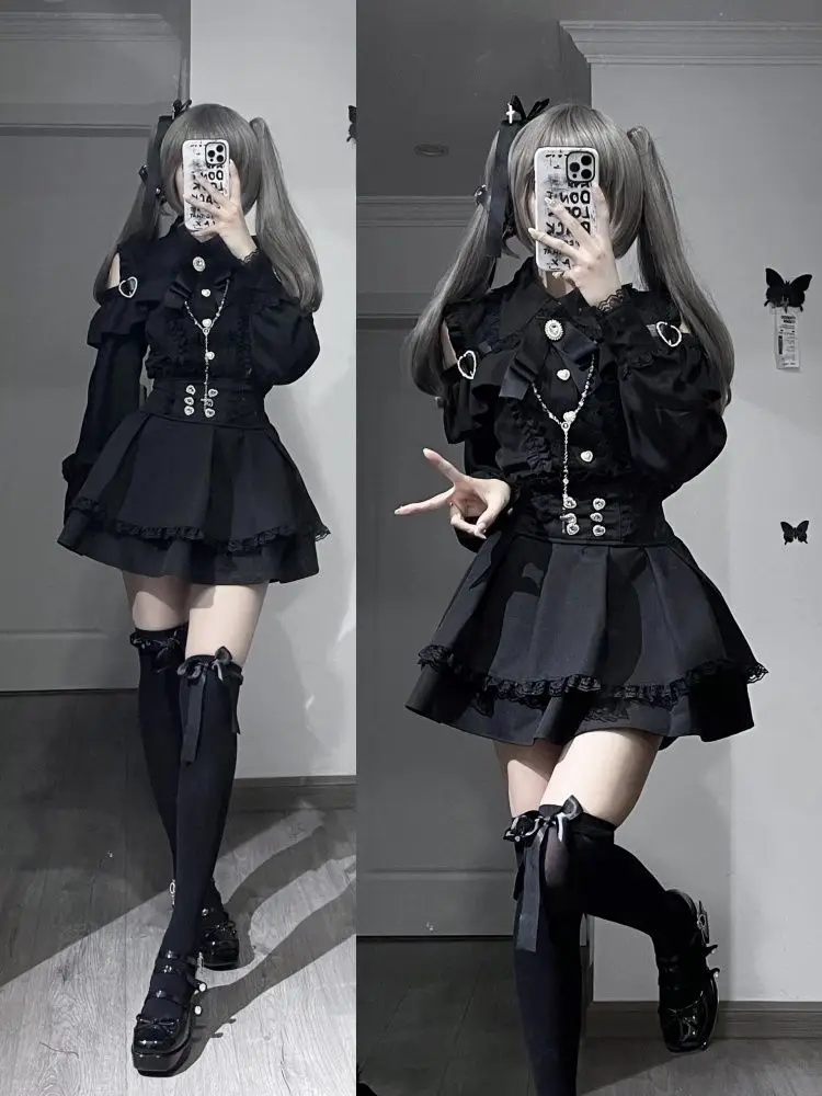 Autumn Japanese Off Shoulder Long Sleeve Suit Design Hepburn Slim Thin Bow Lapel 2-piece Set Vintage Elegant Lolita Skirt Outfit