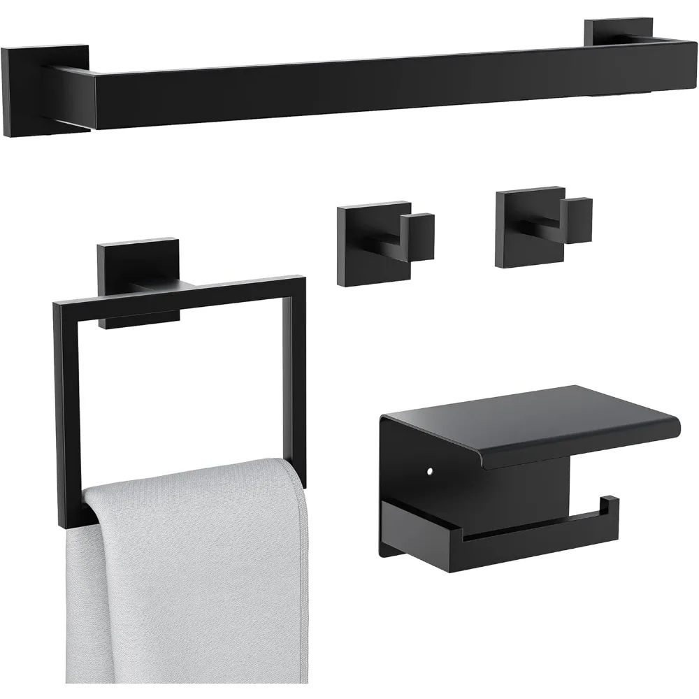 

5-Pieces Bathroom Hardware Set, SUS304 Stainless Steel Wall Mounted 16 Inch Towel Bar, Toilet Paper Holder, Towel Hooks, Bathroo