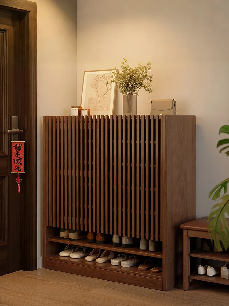 Solid Wood Shoe Cabinet Household Door Storage Cabinet, Integrated Against The Wall Indoor Walnut Multi-storey Building Outside