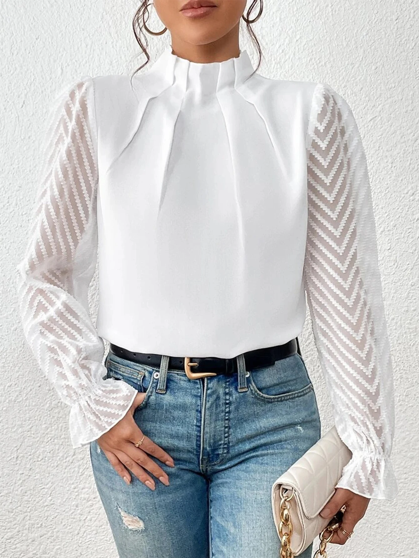 

Женская осенняя блузка, удобная однотонная рубашка с длинными расклешенными рукавами и воротником-стойкой, прозрачный офисный женский топ, модная маленькая рубашка