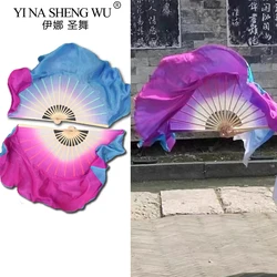 Double Sided Women Belly Dance Silk Veil Pairs Adults Real Silk Fan Veil Bamboo Long Fan Hand Dye Blue Pink Flowy Dancer Props