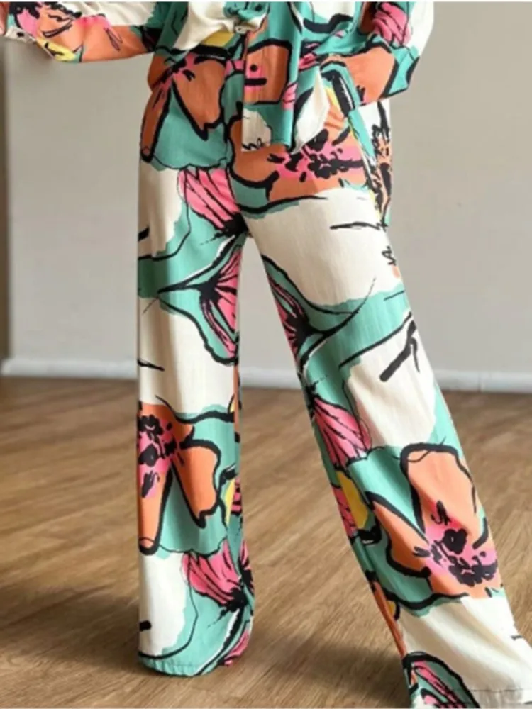 2024 Long Pant Sets Print Shirt Two Piece Set For Women Loose Wide Legs Trousers Suits Fashion Casual Long Sleeve Two Piece Suit
