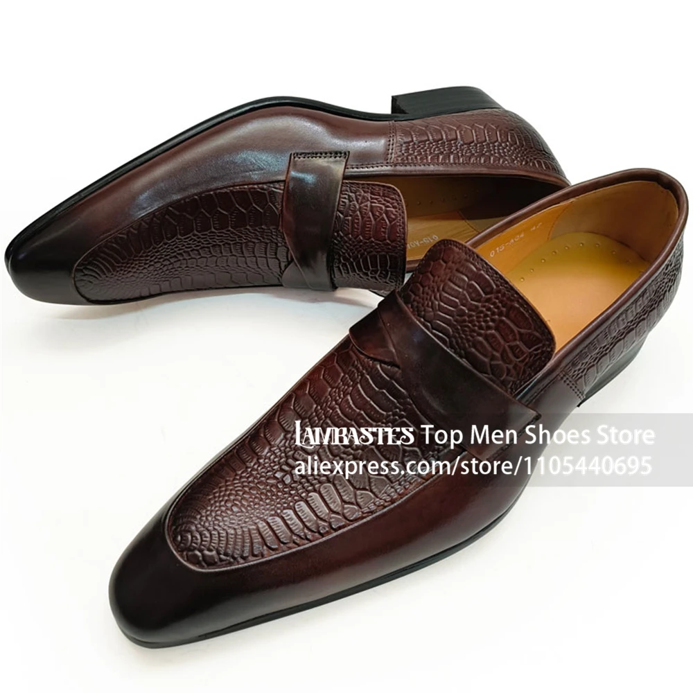 Snake Embossed Spliced Loafers Mixed Texture Wedding Party Dress Shoes Polished Glossy Smooth Leather Finish Leather Men Loafers