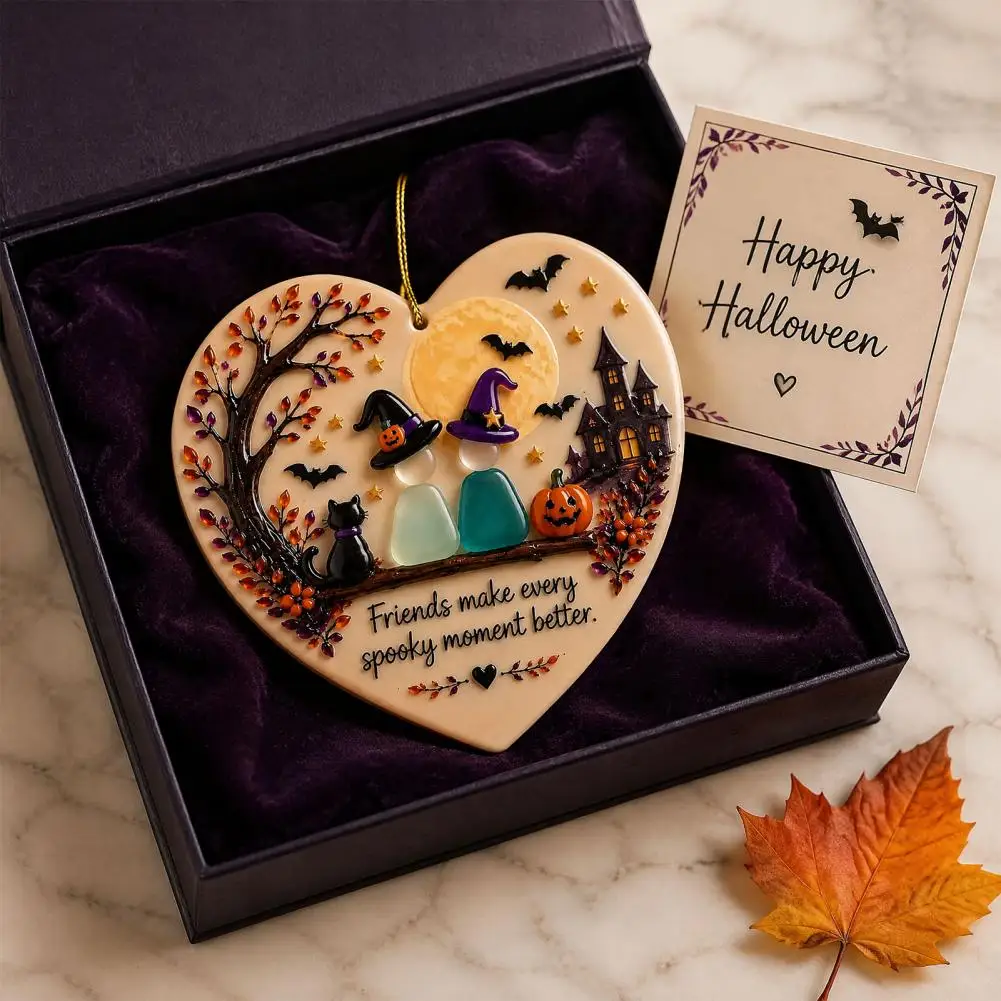 Coastal Style Wall Hanging Heart-shaped Sea Glass Ornament Friendship Keepsake Pendant Halloween Pumpkin Black Cat for Women