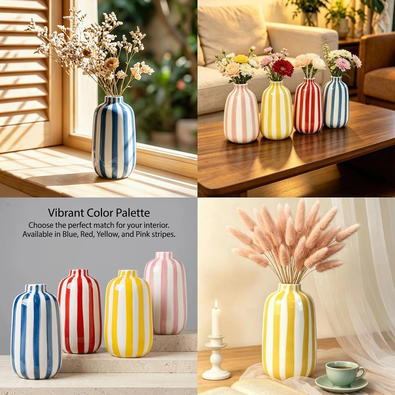 Colorful Vertical Stripes Ceramic Vase Plant Pots Table Decoration Ornaments Flower Arrangement Floral Vase Room Aesthetic Decor