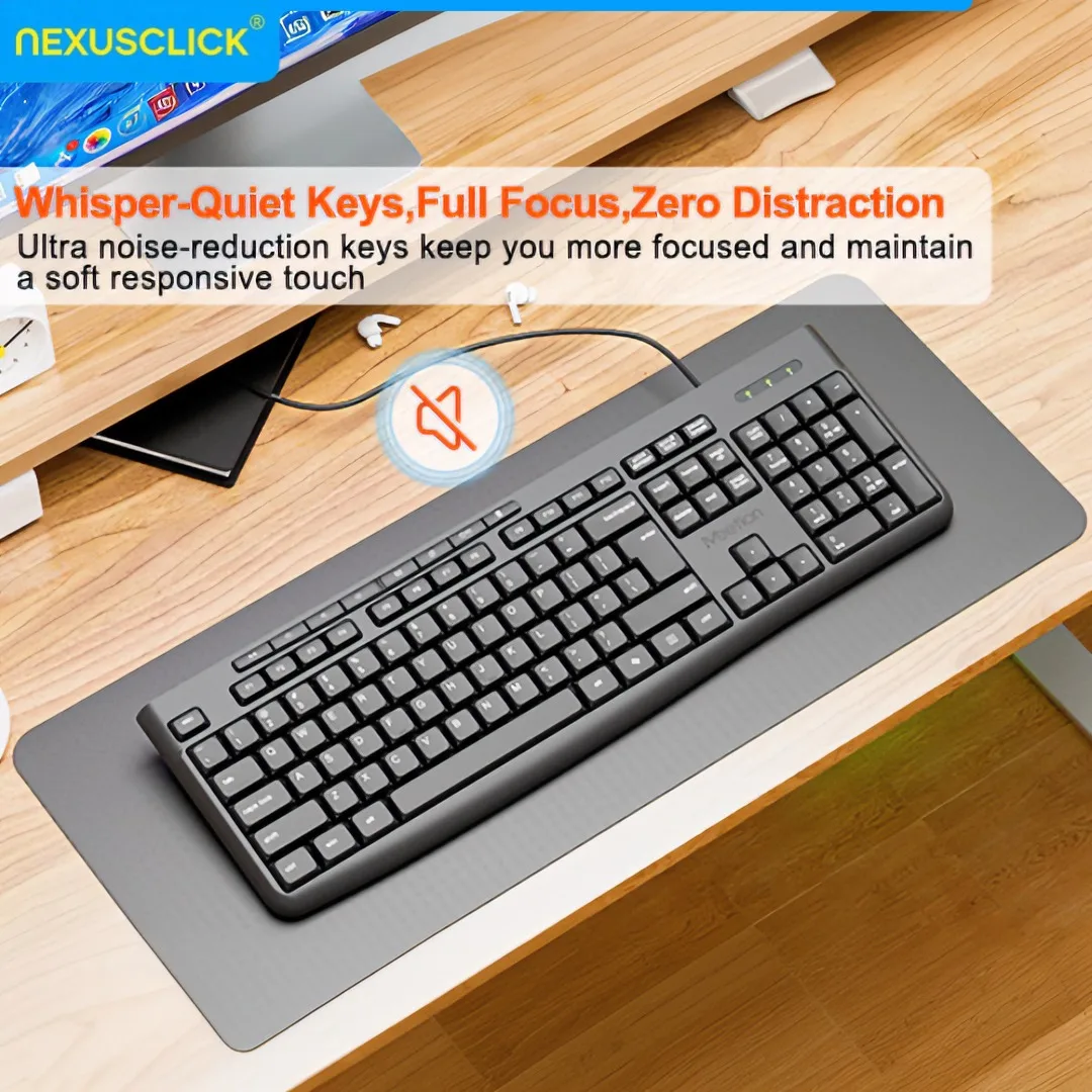 NexusClick K295 Low‑Profile Quiet Membrane Keys Wired Keyboard,Ergonomic 8° Tilt,Plug and Play,112 Keys Business Office for Work