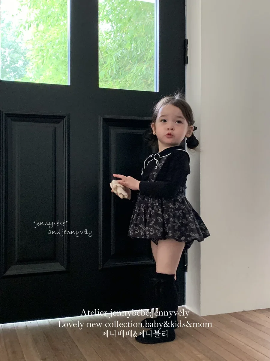 2024 Autumn Infant and Toddler Outing Clothes Baby Girl Floral Strap Romper Skirt Girls Bow Long Sleeve Fashion Top Sets