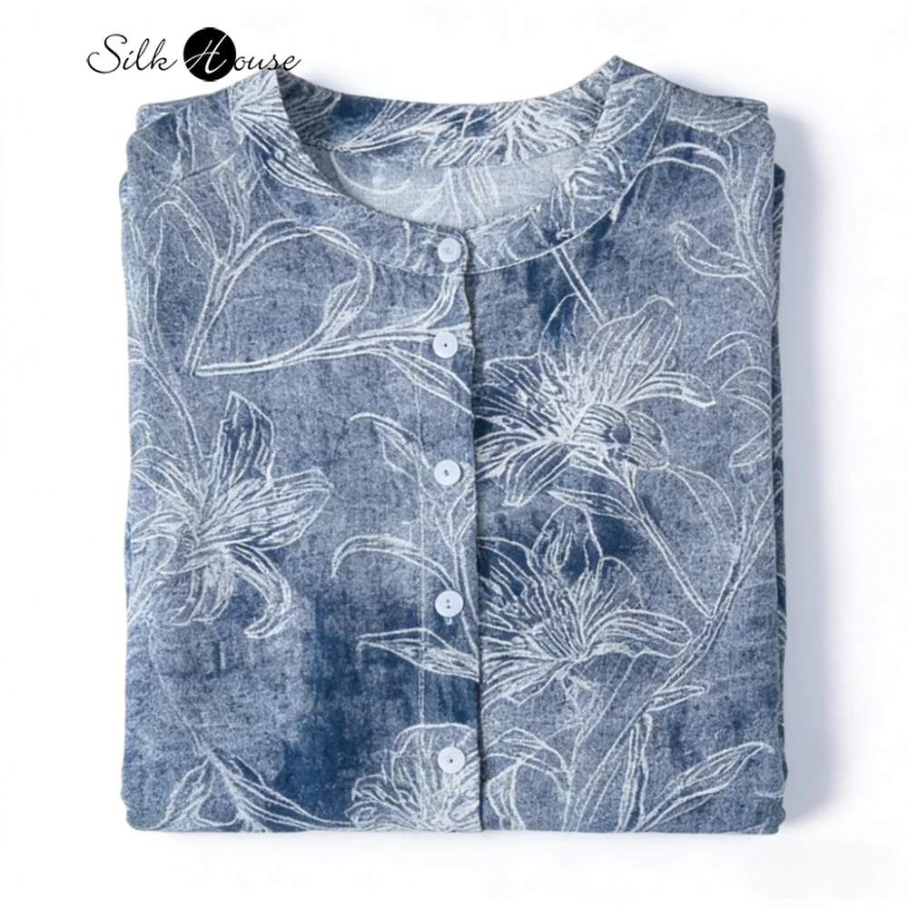 

Women's Clothing Denim Print 100% Natural Mulberry Silk Crepe De Chine Stand Collar Batwing Lantern Half Sleeve Casual Shirt