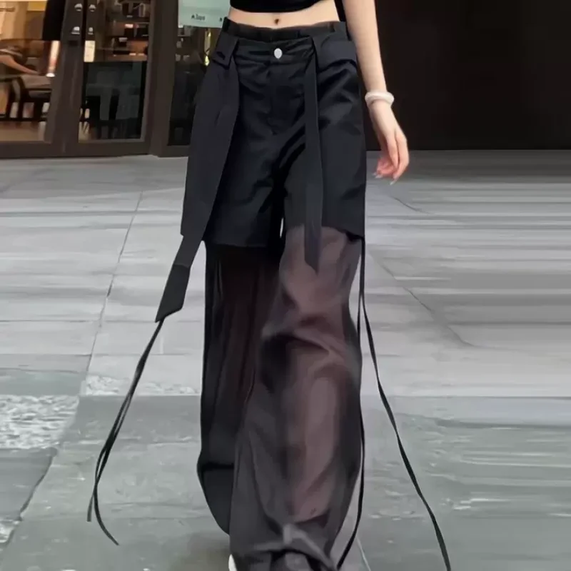 بنطال Y2K نسائي واسع الساق من القماش الشفاف باللون الأسود لعام 2025 - شورت مزيف مكون من قطعتين مع أشرطة، ملابس خروج منفعلة لربيع وصيف #5