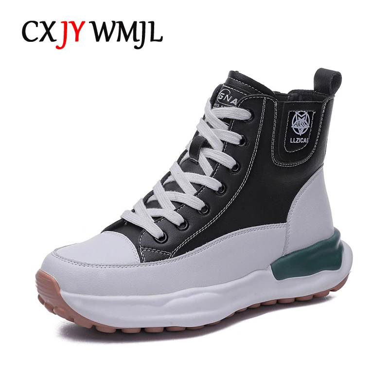 

CXJYWMJL High Top Sneakers for Women Genuine Leather Autumn Winter Casual Vulcanized Shoes Ladies Lace-up Thick Soled Warm Boots