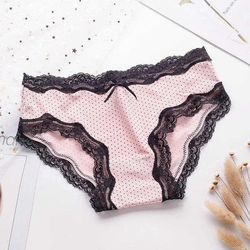 Bragas de malla de lunares para niñas, ropa interior cómoda con borde de encaje para mujeres, bragas sexis de cintura baja, bragas de sensación desnuda para mujer