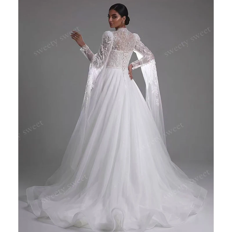 Luxurious A-Line Wedding Dressbead With Embroidery Ball Gown Strapless Full Sleeve Feather Bridal Vestido De Novia Customized