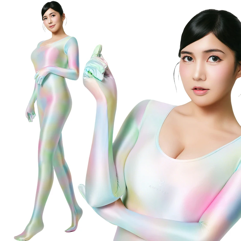 AMORESY Gloss Iridescent Zentai Bodysuit Dream Nebula Universe Blue Full Body With Gloves Yoga Cosplay Jumpsuit