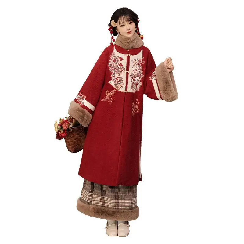 سترة صوف صينية أصلية جديدة للسيدات من Hanfu لعام 2026 طقم تنورة منقوشة من الصوف السميك للخريف والشتاء ملابس صينية تقليدية
