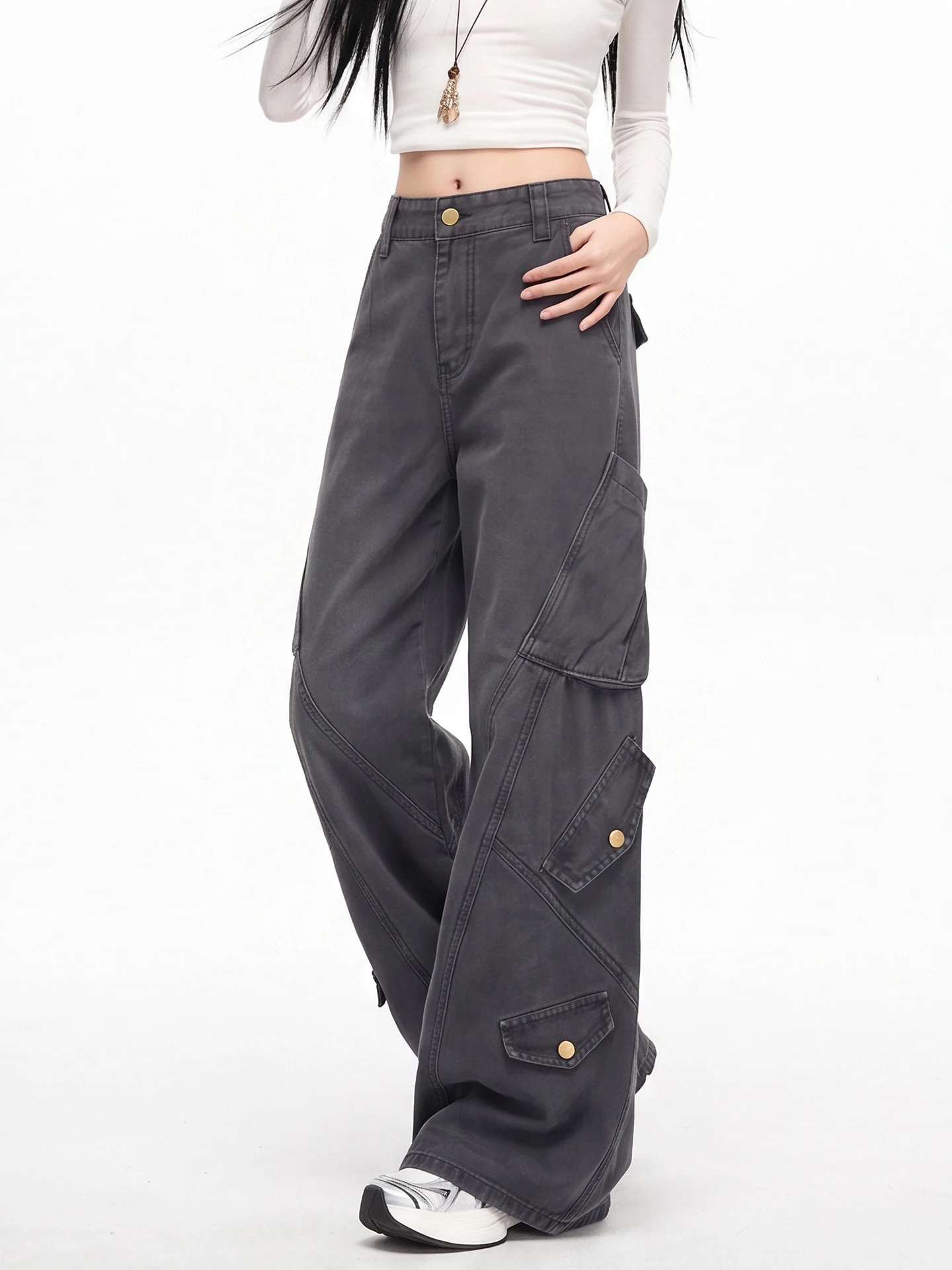 American Workwear Style Women's Loose Straight Leg Pants Multi-Pocket Wide Leg Casual Long Trousers Trendy Brand