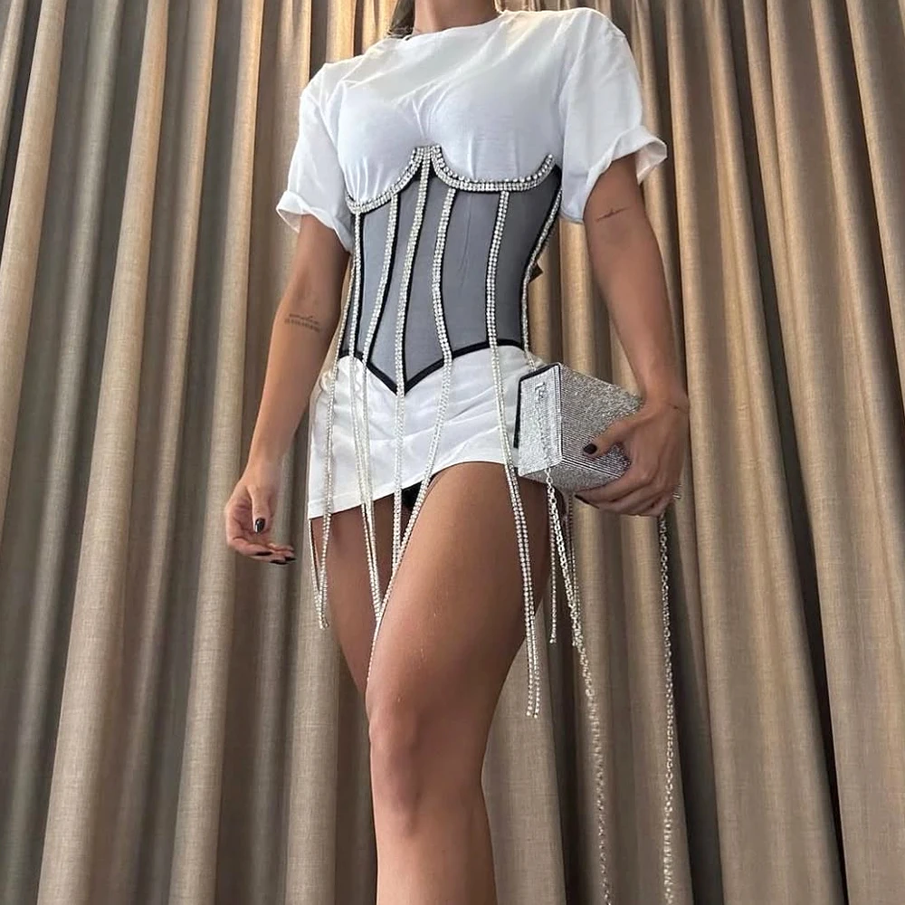 Women\'s Evening Corset Rhinestone Lace-up Corset Underbust Mesh Bustier Crop Top Bodices Sexy Lingerie Women Body Shaper