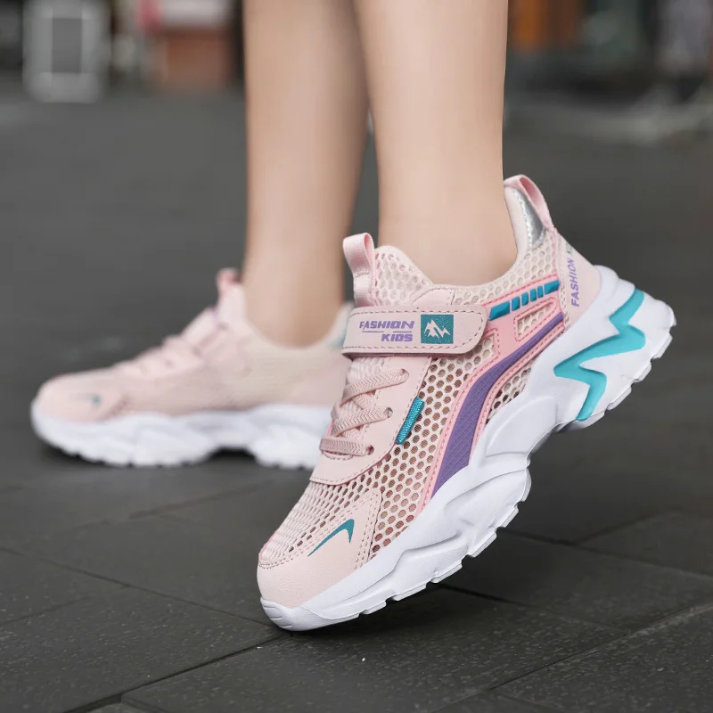 Girl's Summer Sneakers Sports Light Running Shoes Hollow Vamp Breathable Kids Flat Walking Casual Teenage Tennis Trainer