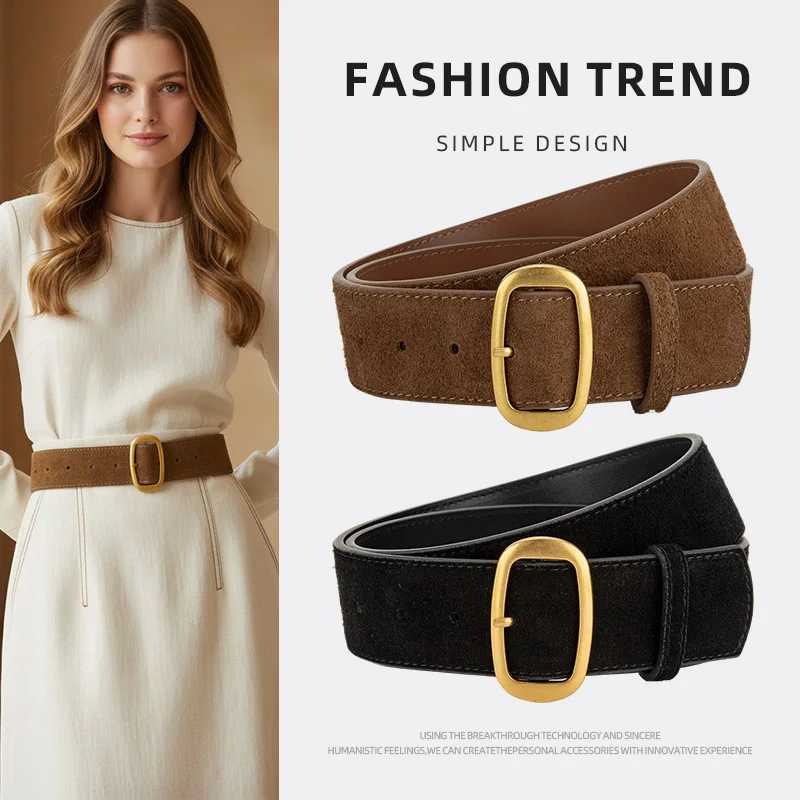 

Retro Suede Gold Buckle Trendy Design Women's Belts,Woman Frosted Leather ins Style Decoration with Skirt Jeans Belt