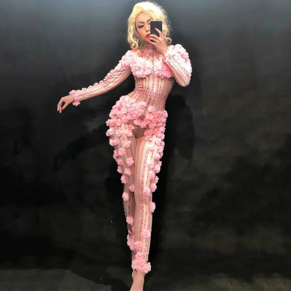 Pink Floral Shining Rhinestones Long Sleeve Jumpsuits For Women Fashion Show Model Costumes Drag Queen Carnival Outfits