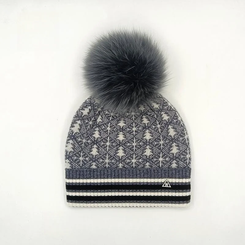 Winter Christmas Tree Jacquard Women Pom Pom Beanies Warm Knitted Real Raccoon Fur Pompom Casual Hat Cap