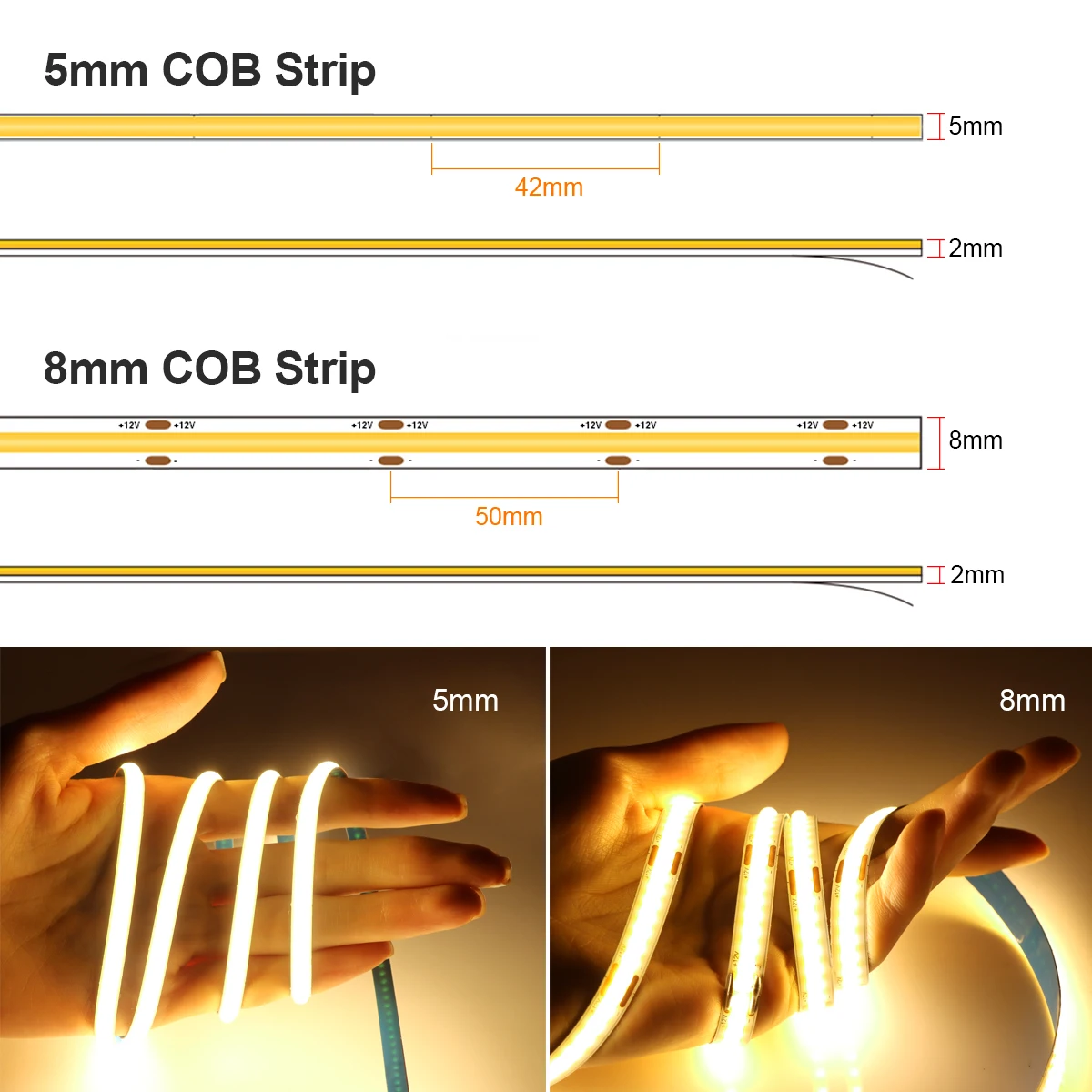 5MM 8MM 12V COB LED Strip Lights High Density 320LEDs/m Flexible Neon LED Tape Ribbon RA90  Linear Dimmable Lamp decoration