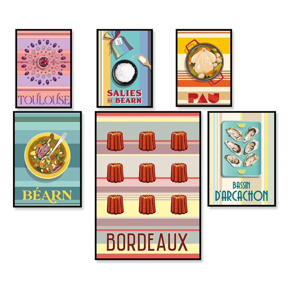 Bordeaux, Toulouse, Landes, Bayonne, Basque Country cuisine poster, oysters, salt, foie gras, wine, ham, pepper kitchen decor