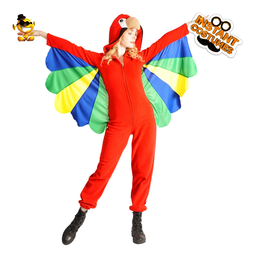 

Parrot Cosplay Halloween Costume for Women Disguise Jumpsuit Tights Funny Interesting Adult Colourful Peacock Wing Festival Prop