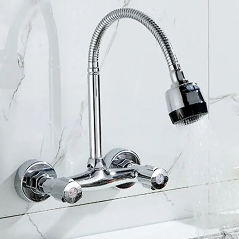 Wall Mounted Kitchen Faucet Wall Kitchen Mixers Kitchen Sink Cold hot Water Tap 360 Degree Swivel Flexible Hose Double Hole