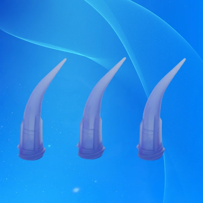 22G Industrial Bent Tip Needles 100PC Bulk | Blue PP Dispensing Tips for TT-Style Glue Guns (0.41mm ID × 25° Angled)