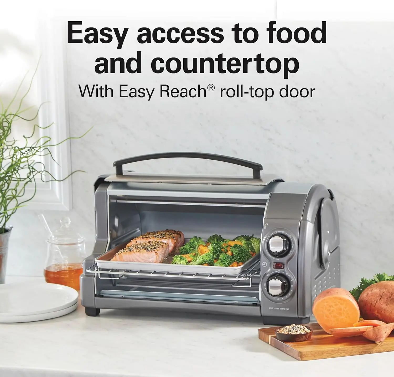 

Easy Reach 4-Slice Countertop Toaster Oven With Roll-Top Door, 1200 Watts, Fits 9” Pizza, 3 Cooking Functions , Silver (31344DA)