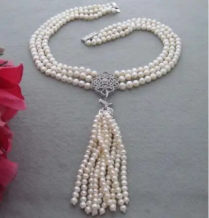 Beautiful 3row White Pearl Rhinestone Pendant Necklace