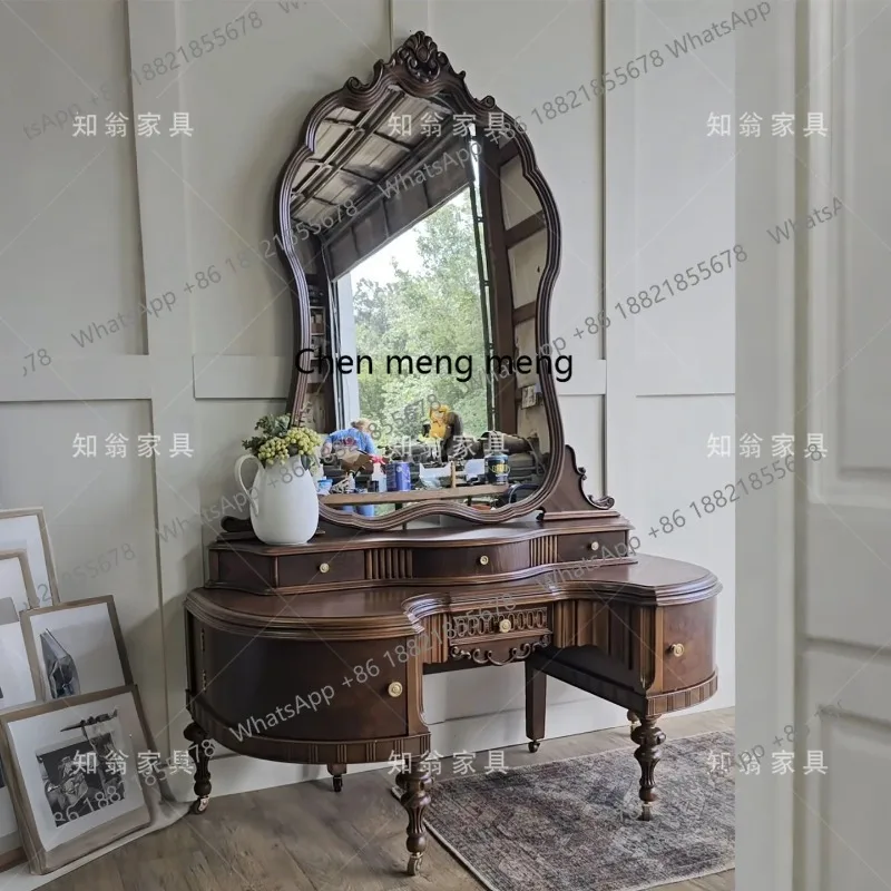 الفرنسية الرجعية الخشب الصلب نحت زهرة خلع الملابس شقة صغيرة غرفة نوم المنزل خلع الملابس مع مرآة ماكياج #2