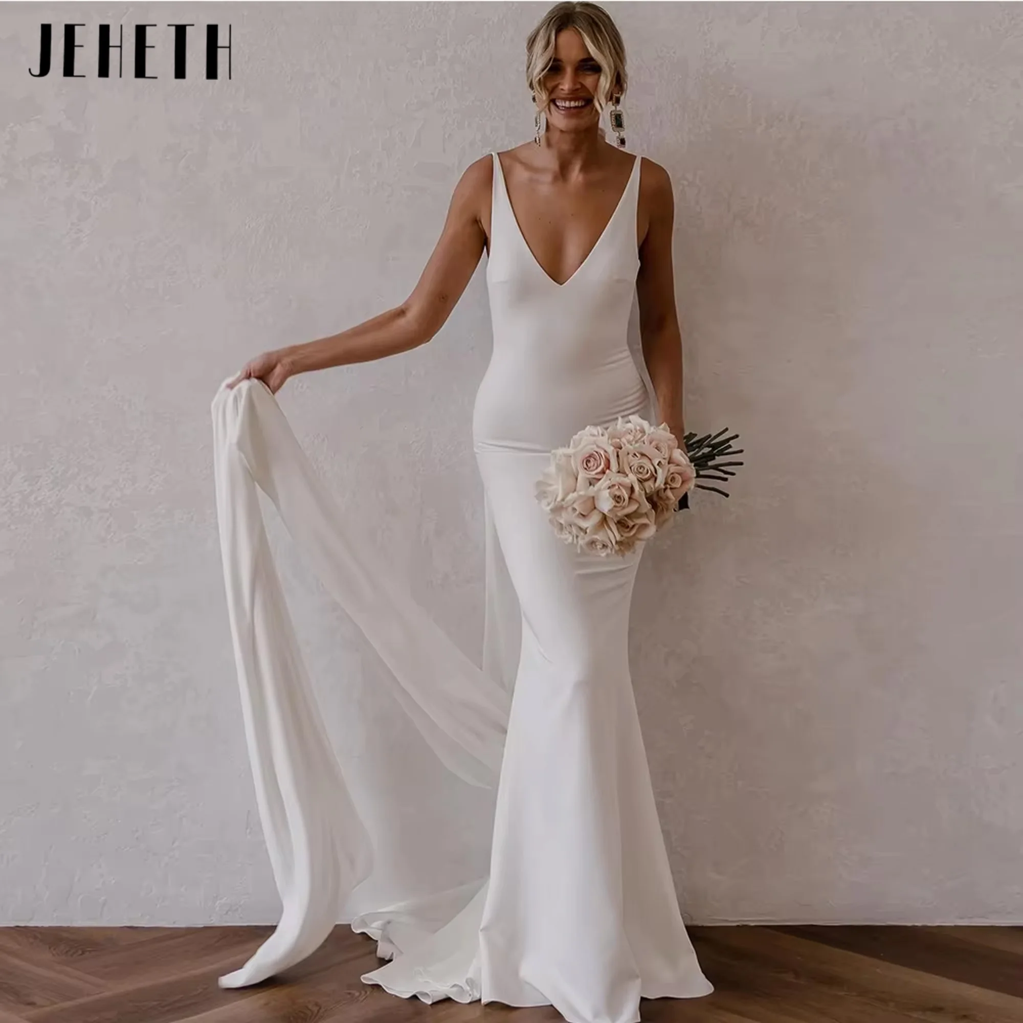 

JEHETH Deep V-Neck Crepe Detachable Train Mermaid Wedding Dress 2025 Sleeveless Open Back Simple Bridal Gowns Elegant Customized