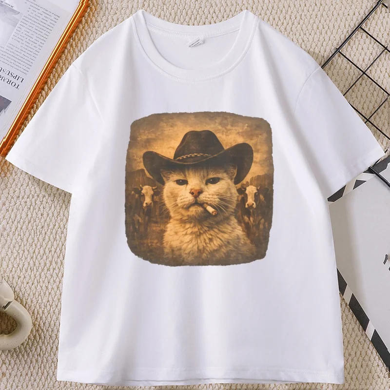 Funny Cowboy Cat Meme T Shirt Women Western Graphic Tee Weird Cat Lover Tshirts Retro Meme Shirts Casual Round Neck Printed Tops