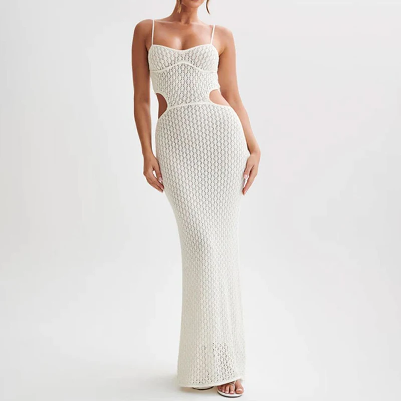 Abito sottoveste in vita con perdite di nuovo stile, lavorato a maglia, scava fuori, costumi da bagno sexy, copricostume da donna, spiaggia, protezione solare, abito lungo