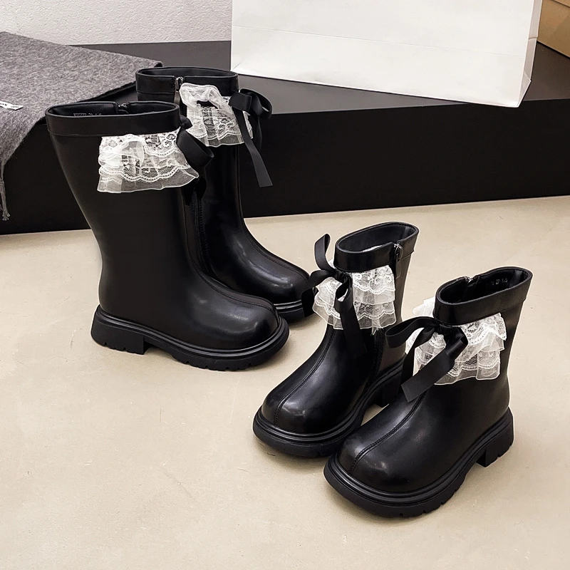 Little Girls Black Boots, Ruffled Lace Satin Bow Side‑Zipper Thick Sole Mid‑Calf & Tall Princess Boots