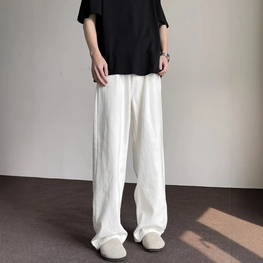 American High Street New Fashion Men's White Solid Color Casual Trendy Simple Basic Loose Straight Wide Leg Jeans Pants Male