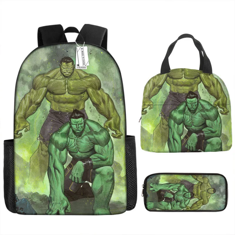 3pcs/set Disney The Hulk Students Backpack Pencil Case Lunch Bag Kids Wear-resistant Lightening Breathable Waterproof Schoolbag