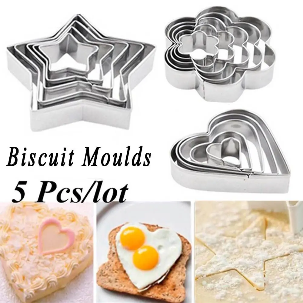 5 Pcs/set Stainless Steel Fondant Cake Baking Mold Heart Flower Star Shape Omelette Mold Cookie Biscuit Cutter Decorating Moulds