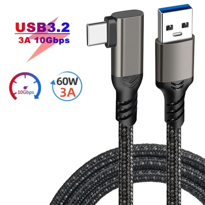 USB3.2 10Gbps Type-C Cable USB A to USB C Elbow USB3.2 Data Transfer Cable PD 60W 3A Fast Charge for Oculus Quest 1/2 Link VR