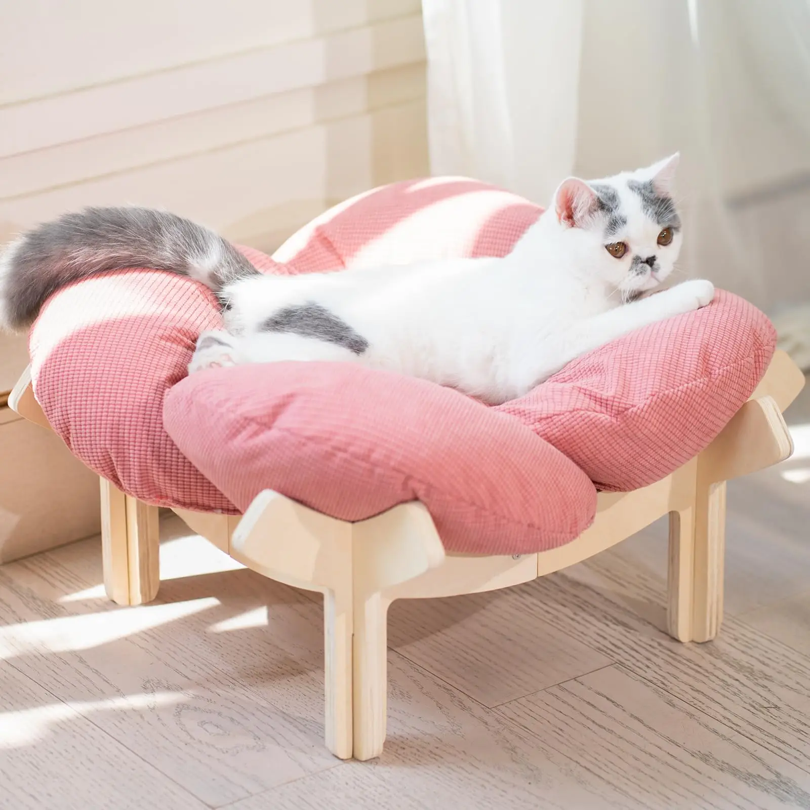 

Wooden Cat Bed with Breathable Pillow Printed Cat House Gift for Cat Lovers Pet Furniture