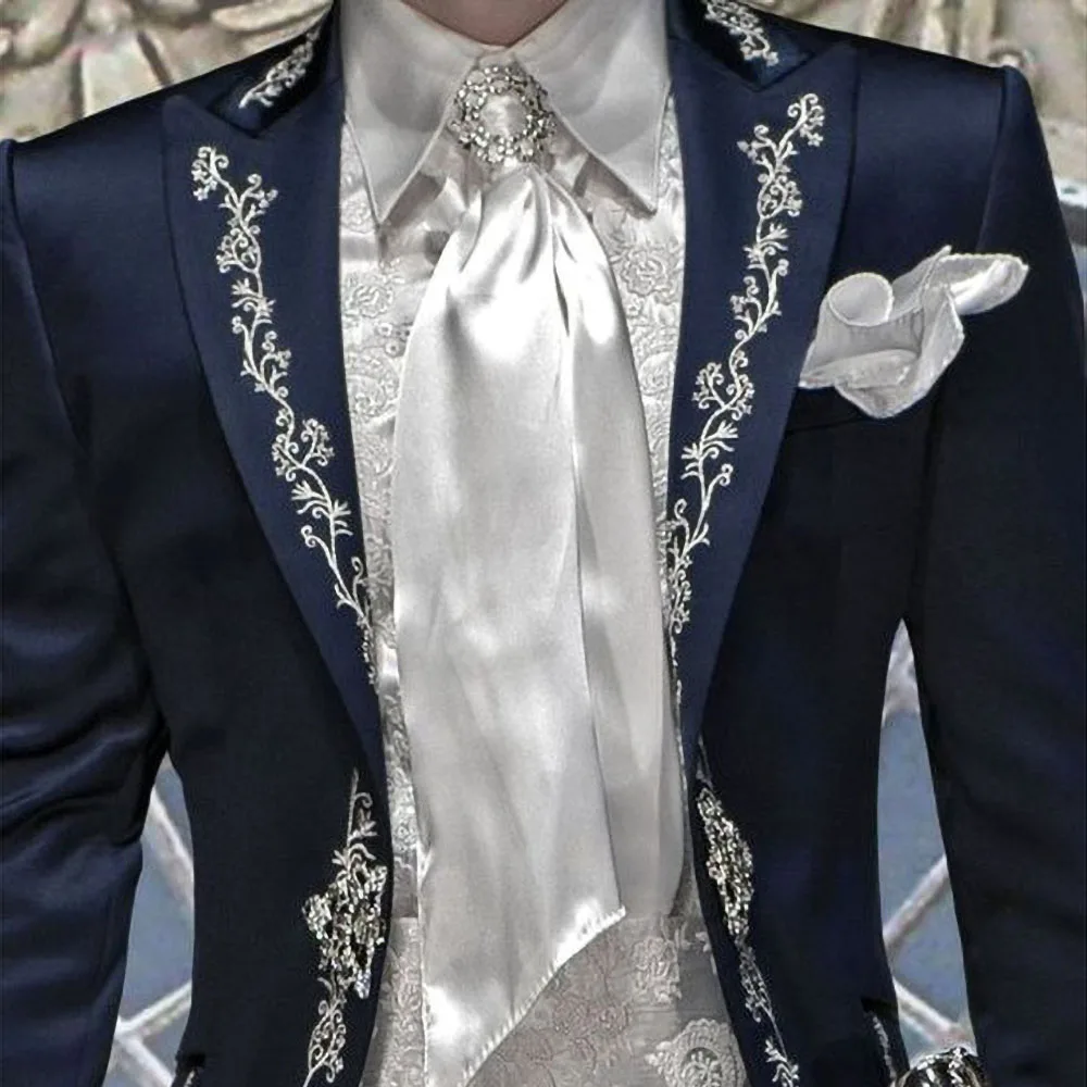 Traje italiano con bordado azul marino para hombre, esmoquin de 2 piezas ajustado, para boda, fiesta de graduación, cena